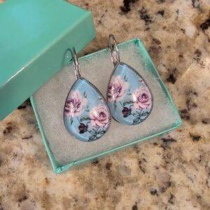 Floral Teardrop Drop Earrings in Light Blue with Pink Roses